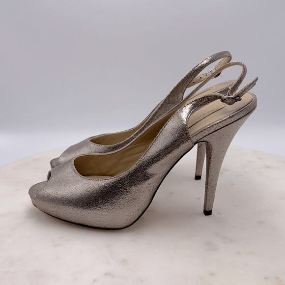 BCBGMAXAZRIA LibbyMet Pewter Metallic Peep Toe Heels 7.5 Holiday Party Pumps NYE - Picture 5 of 13